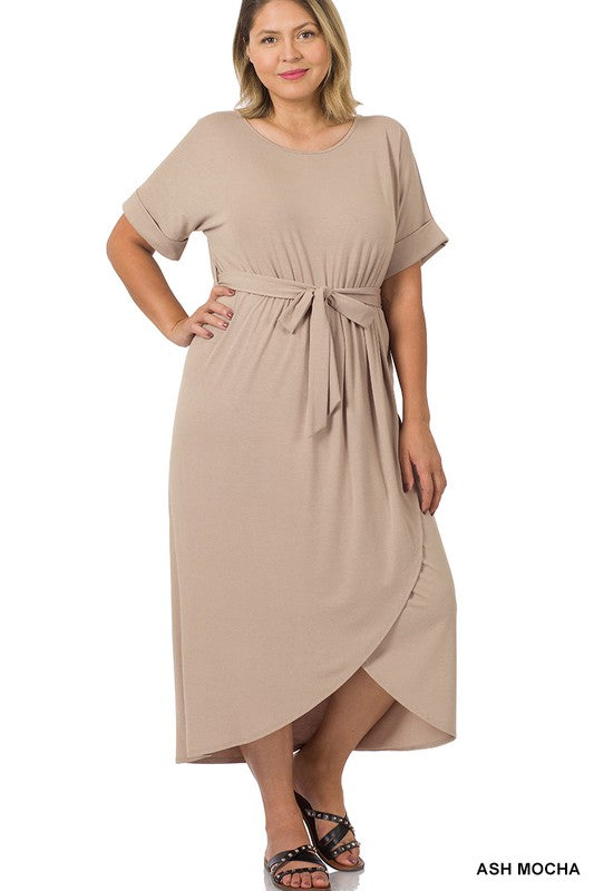 PLUS BELTED SHORT SLEEVE TULIP DRESS ASH MOCHA