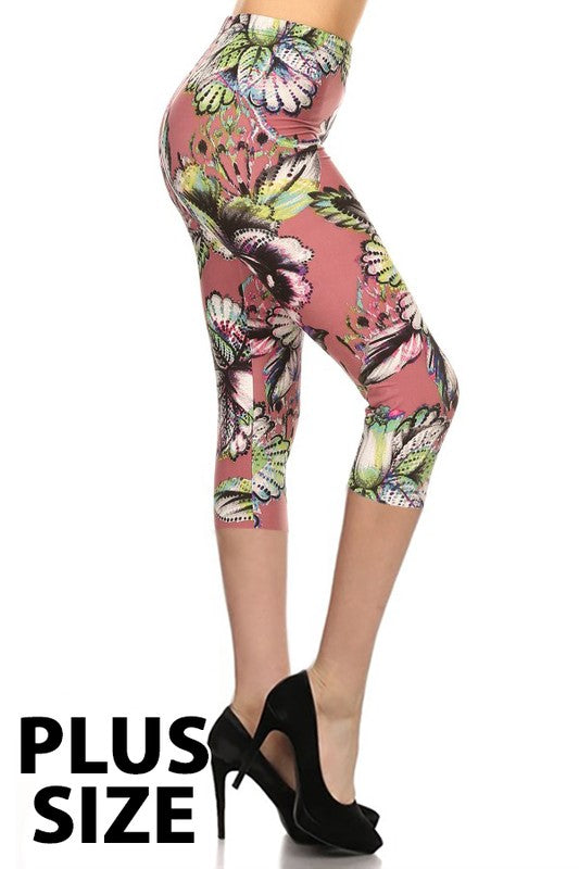 Plus size multi-color print, cropped capri leggings