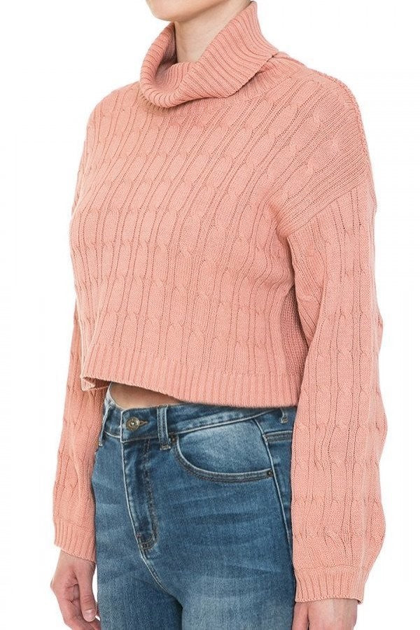 Turtle neck cable knit bell sleeve Crop Sweater Mauve Colour