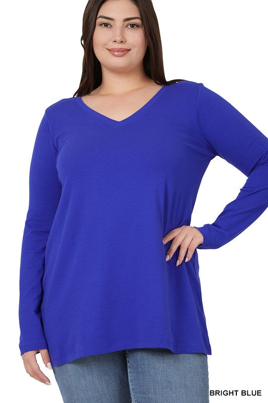 PLUS COTTON V-NECK LONG SLEEVE T-SHIRT BRIGHT BLUE