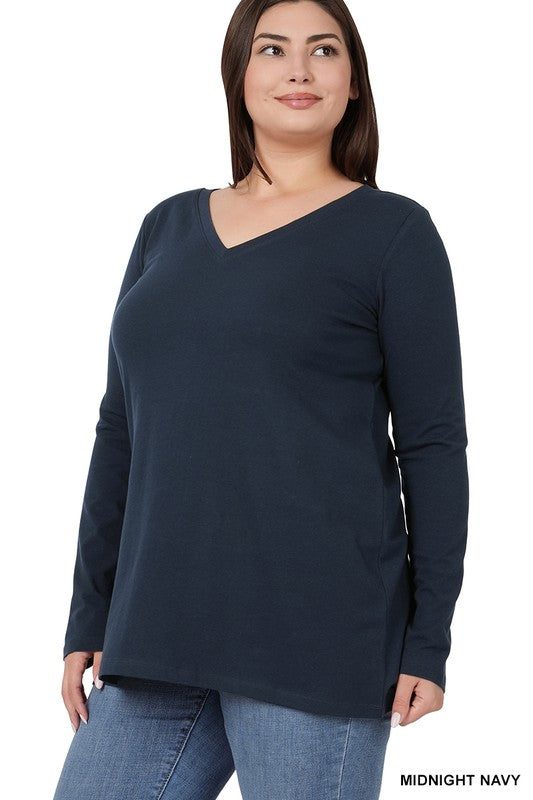 PLUS COTTON V-NECK LONG SLEEVE T-SHIRT MIDNIGHT NAVY