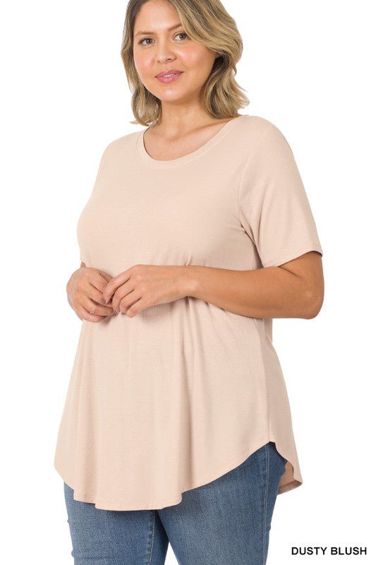 PLUS SHORT SLEEVE ROUND NECK ROUND HEM TOP DUSTY BLUSH
