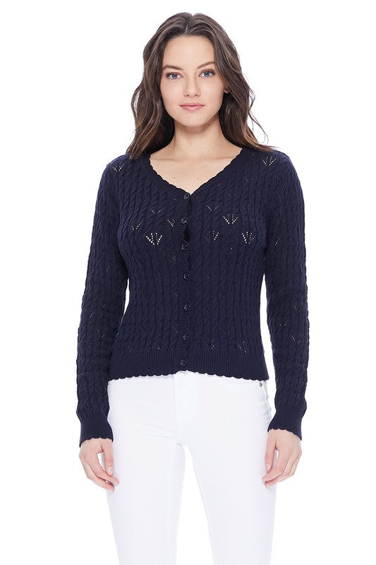Pointelle Patterned Button Down Sweater Cardigan black colour