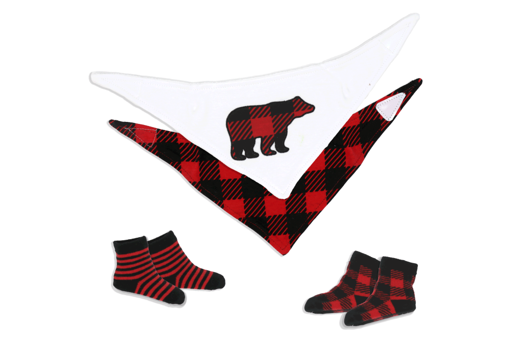 Bib and Sock Set: , 4 Piece Bib and Sock Set: Red Buffalo Bear