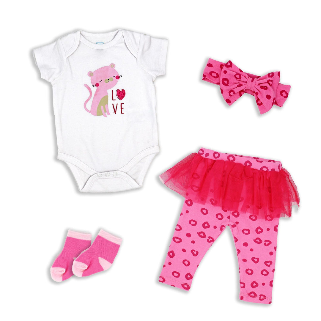 Girls 4 Piece Bodysuit Set: Kitty Love