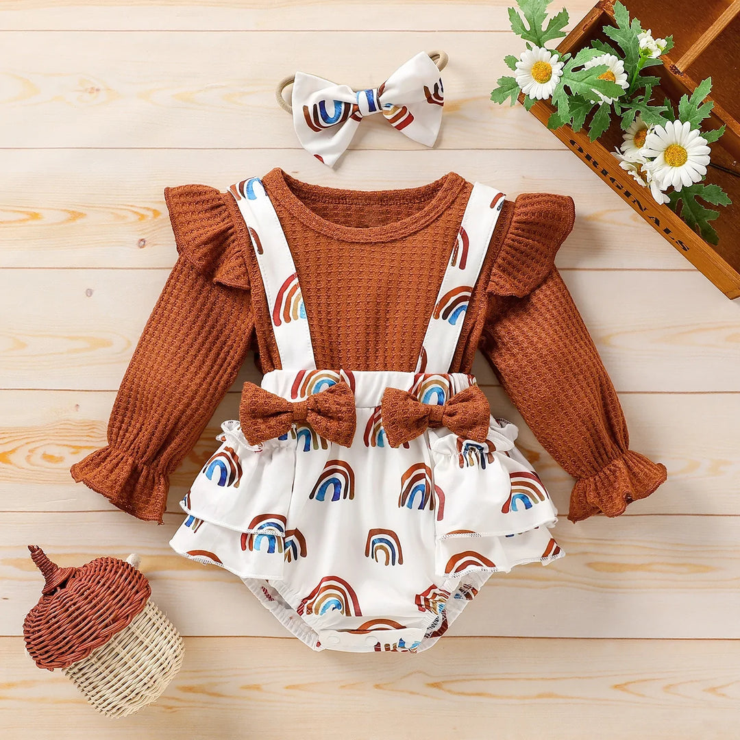 Baby waffle rainbow print faux two ruffle bowknot long sleeve