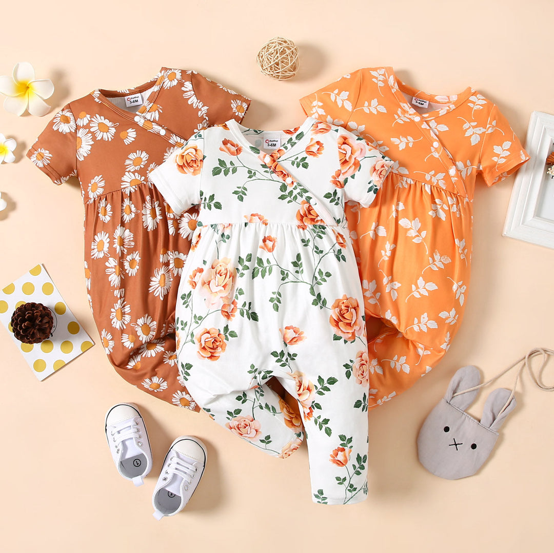 Baby Girl Short-sleeve Snap-up Jumpsuit , All Over Floral Print