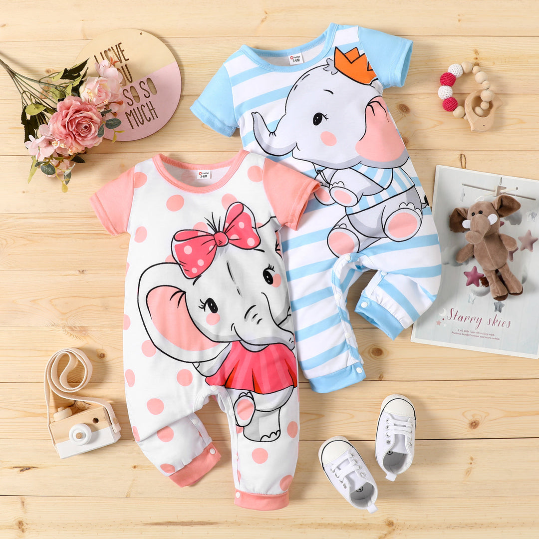 Elephant Print Short-sleeve Jumpsuit , Baby Boy/Girl Cartoon Elephant Print Short-sleeve Jumpsuit