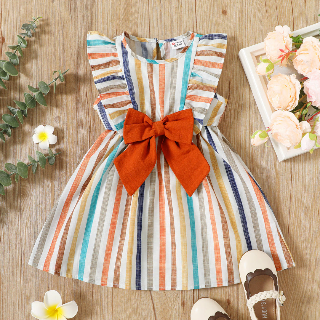 Toddler Girl Stripe Ruffled Bowknot Design Sleeveless Dress