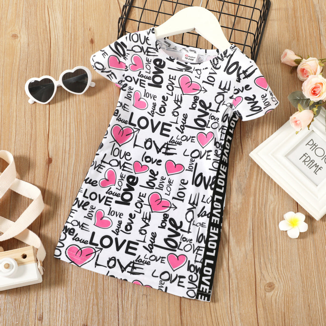 Short Sleeve Dresses for Baby Girl , All Over Love Heart and Letter Print Short-sleeve Dress