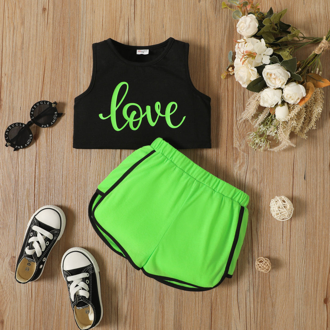Black Top and Green Splice Shorts Set , Baby Girls Summer Clothes
