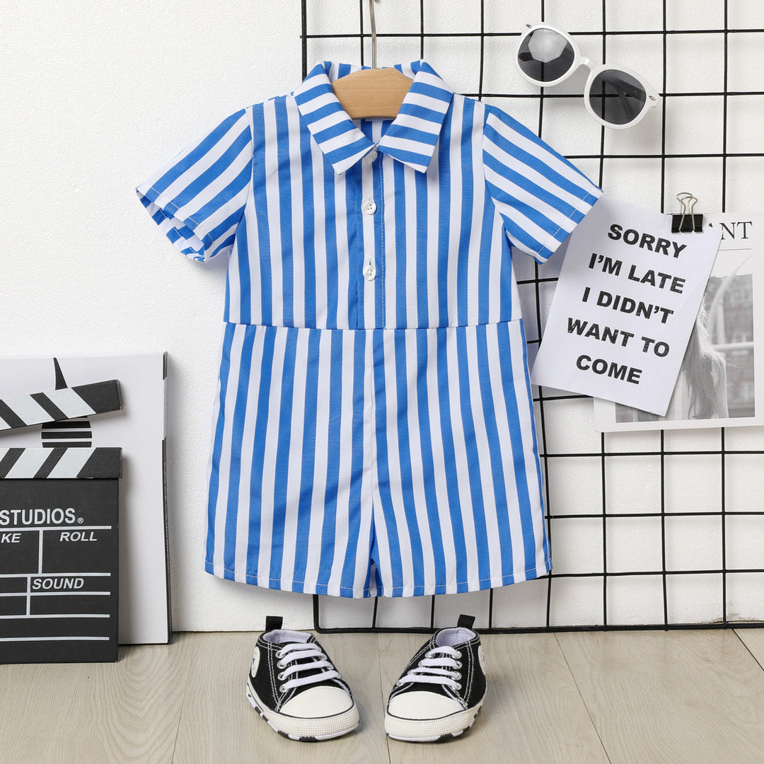 Short-sleeve Button Up Romper , Baby Boy Striped Short-sleeve Button Up Romper