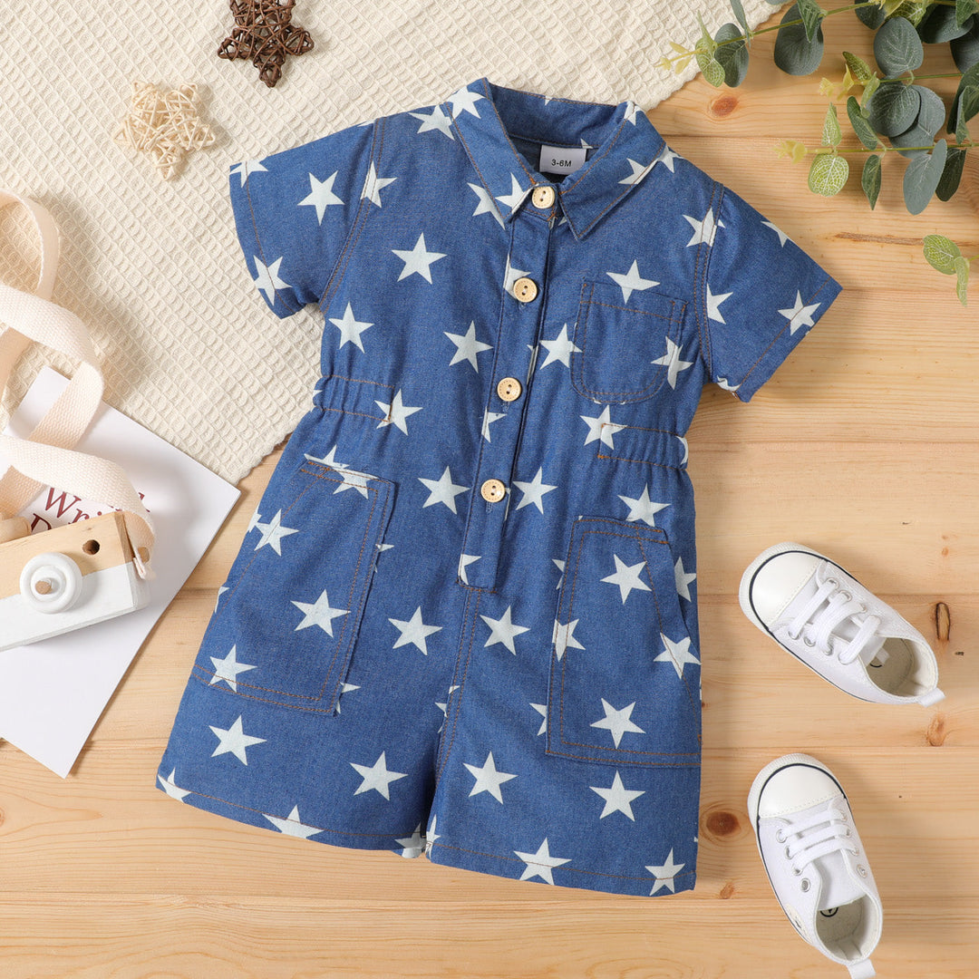 Baby Denim Romper , Baby Boy/Girl All Over Stars Print Blue Imitation Denim Short-sleeve Button Up Romper