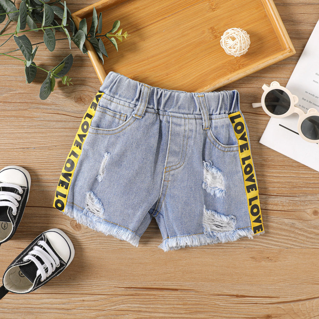 Denim Shorts for baby girl , Letter Print Splicing Ripped Denim Shorts