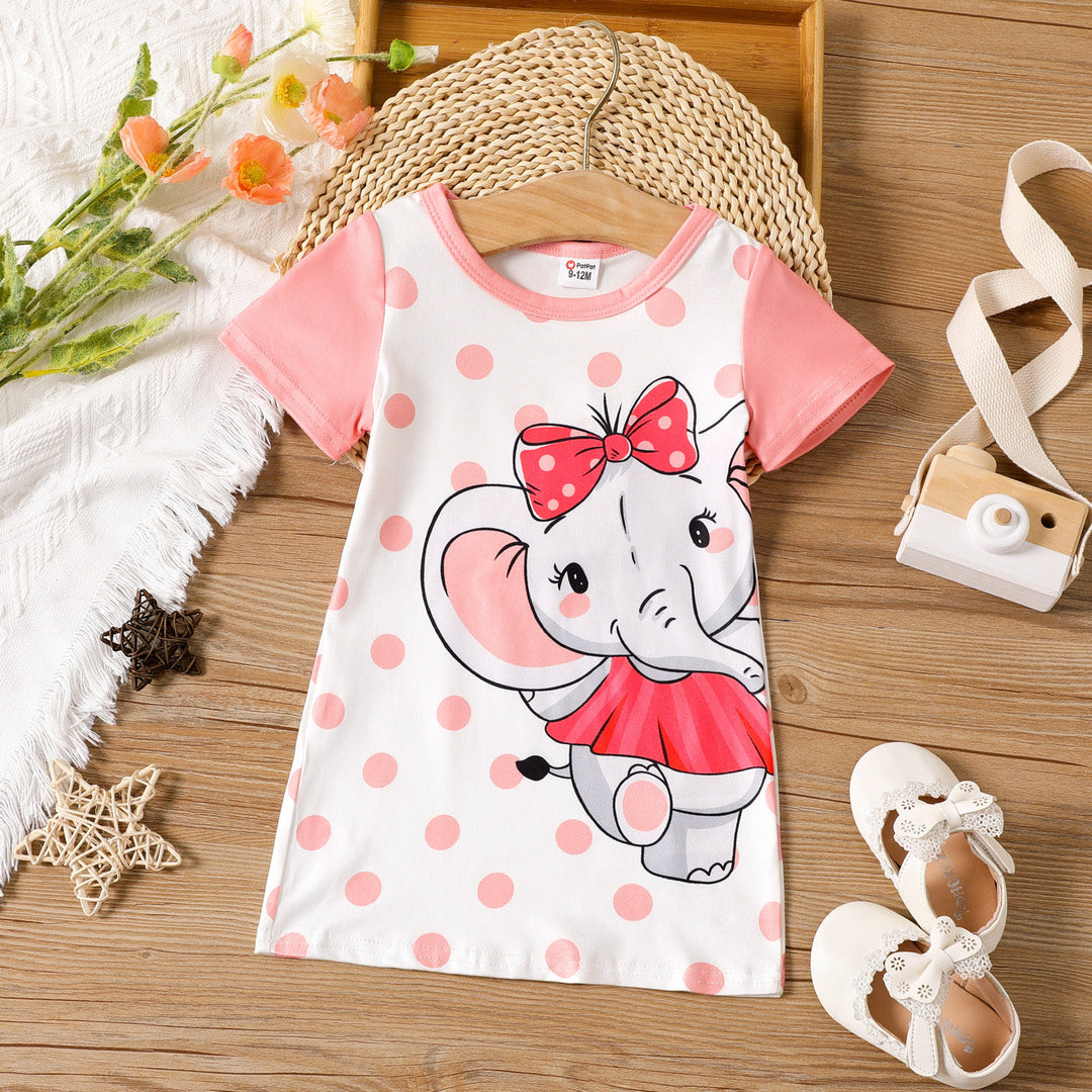 T Shirt Dresses, short sleeve , Baby Girl Polka Dots Cartoon Elephant Print Spliced Short-sleeve T-shirt Dress