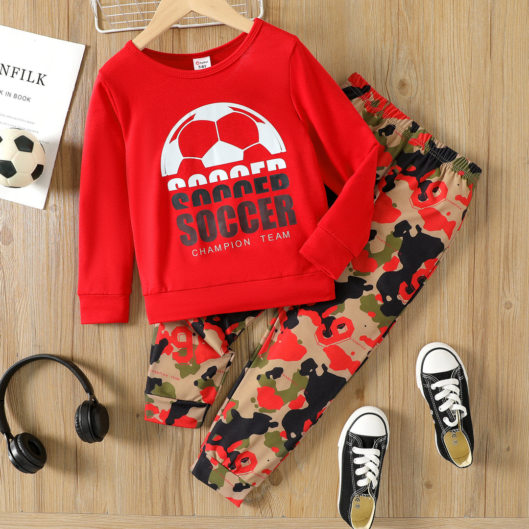 Soccer Print Pullover Sweatshirt and Camouflage Print Pants Set , Camouflage Pants