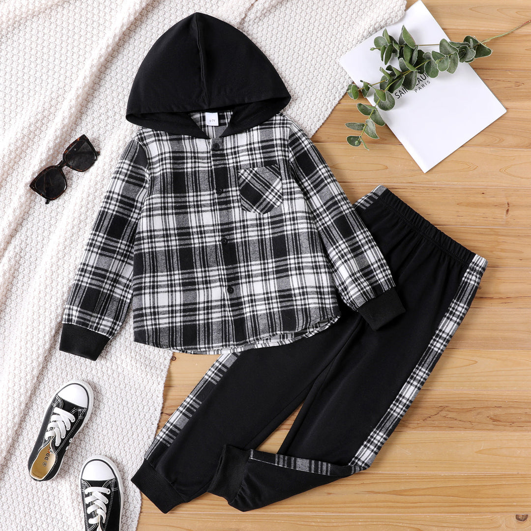 plaid clothing sets , Kid Boy Plaid Long-sleeve Hooded Shirt and Colorblock Pants Set