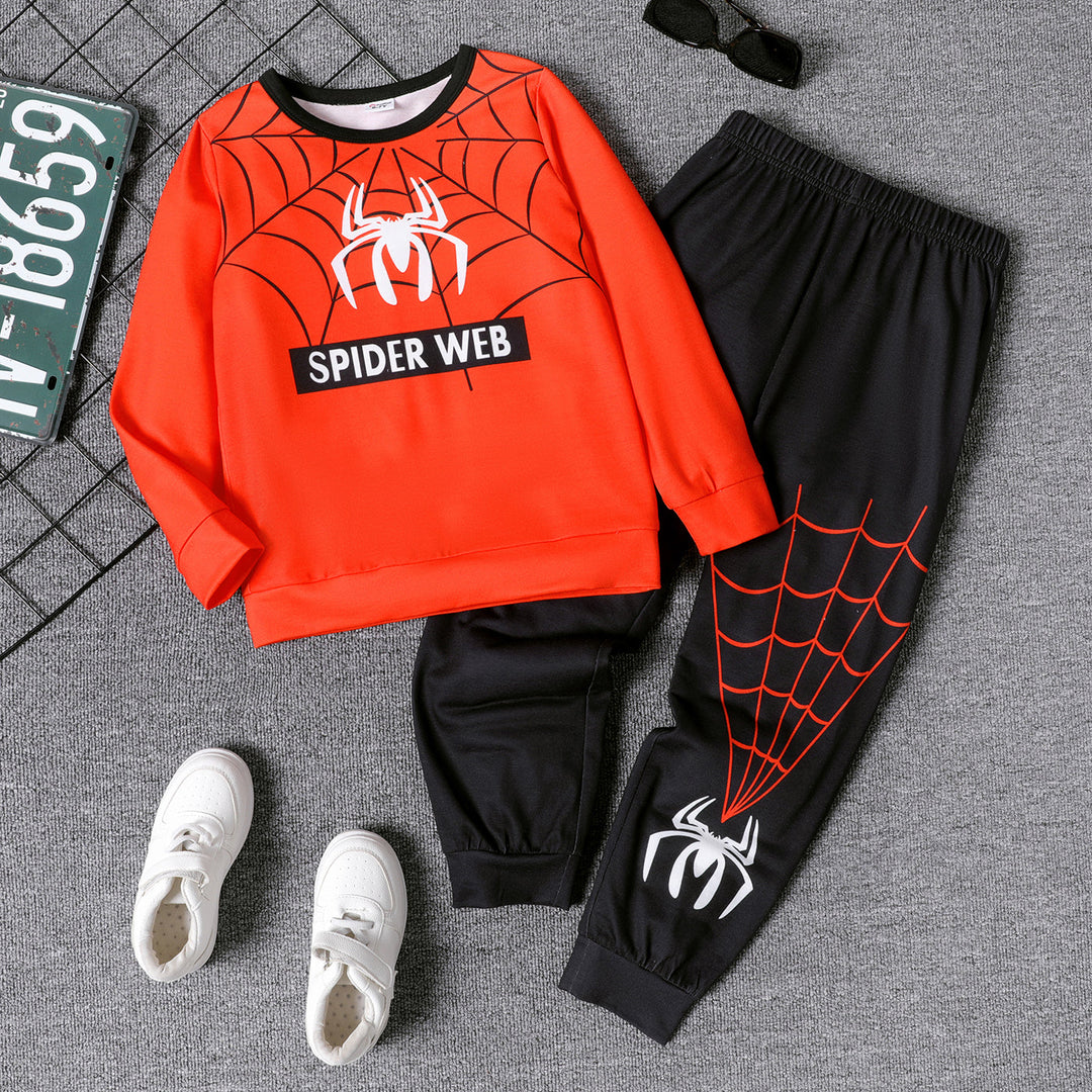 kid boy letter spider web print pullover and elasticized set , Spider Web Print Pullover