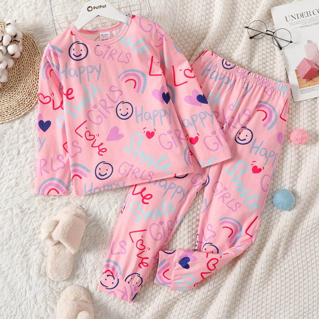 Girl Heart/Rainbow Print Long-sleeve Tee and Elasticized Pants , pyjama sets