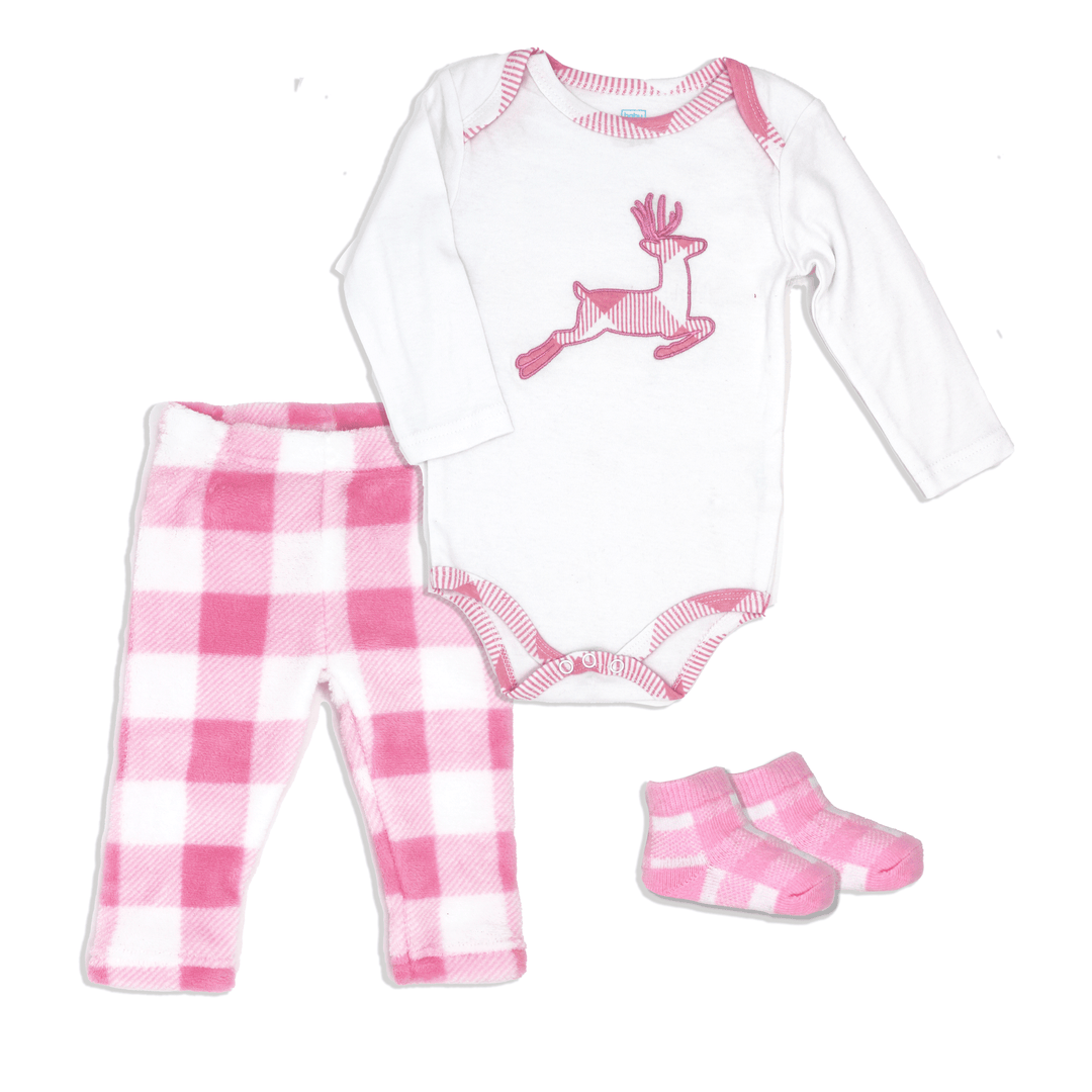 3 Piece NB Plush Pant Set , Pink Buffalo print