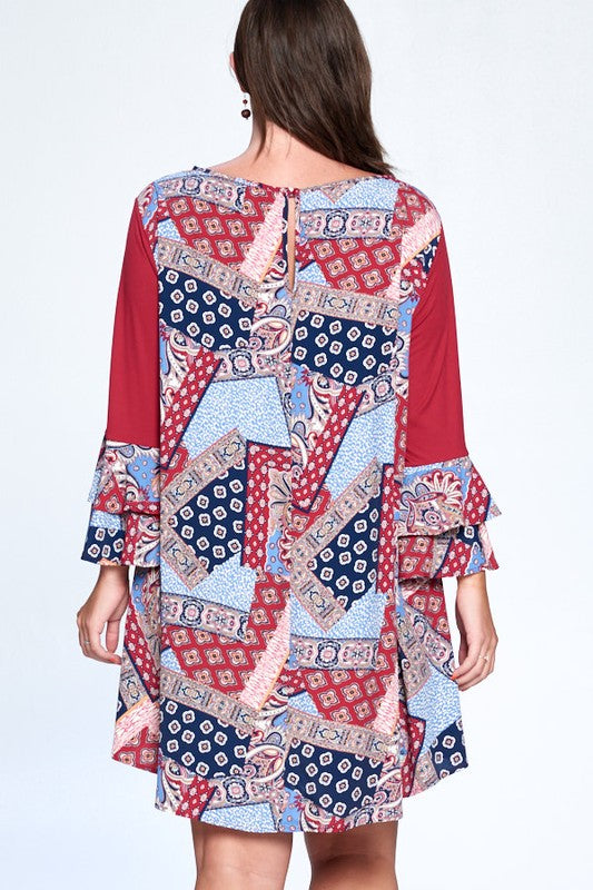 Plus Size Patchwork Bell Sleeve Dress RED