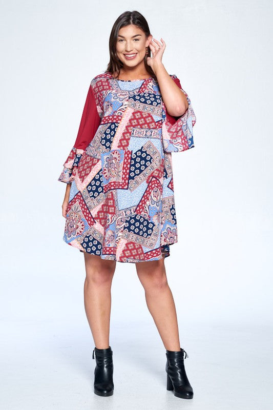 Plus Size Patchwork Bell Sleeve Dress RED