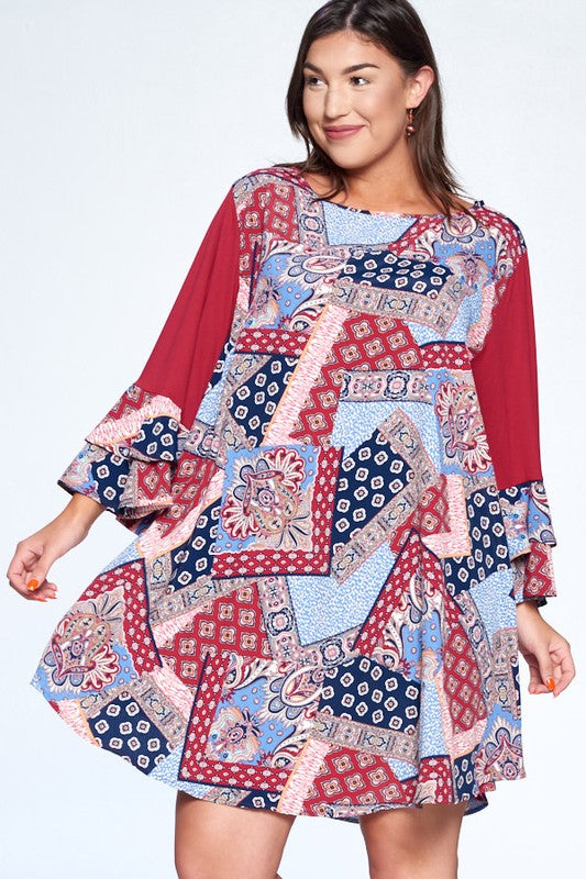 Plus Size Patchwork Bell Sleeve Dress RED