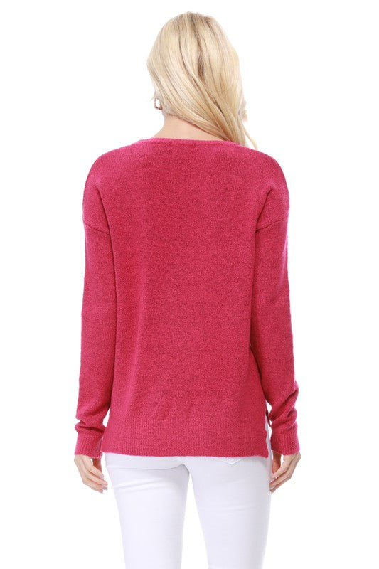 Crew-neck Knit Pullover Sweater with Side Slit RED colour