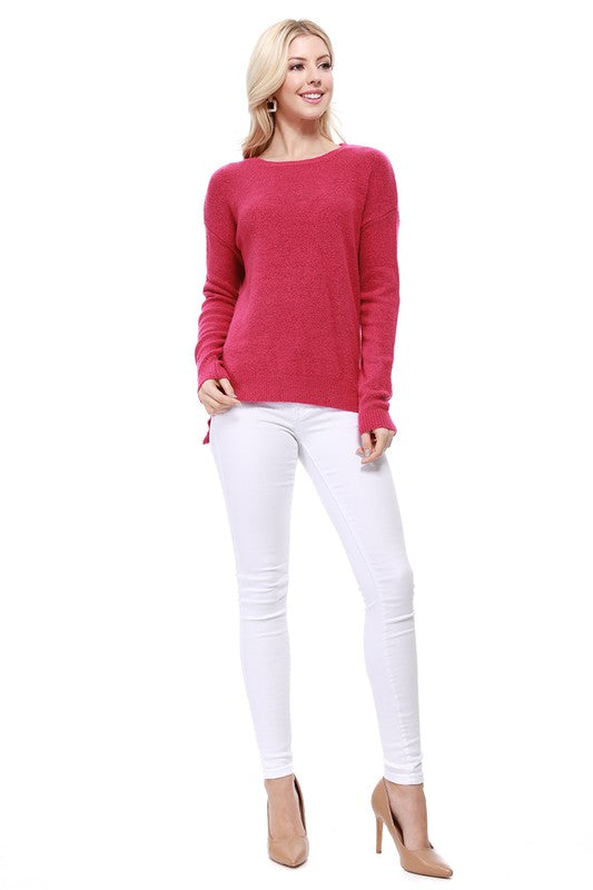 Crew-neck Knit Pullover Sweater with Side Slit RED colour