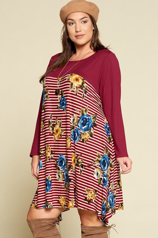 Plus Size Floral Striped Fishtail Hem Dress