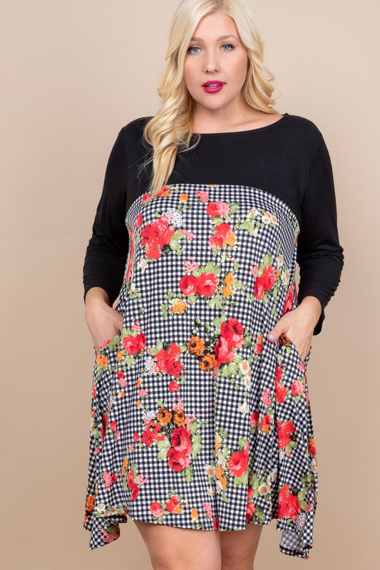 Plus Size Floral Striped Fishtail Hem Dress