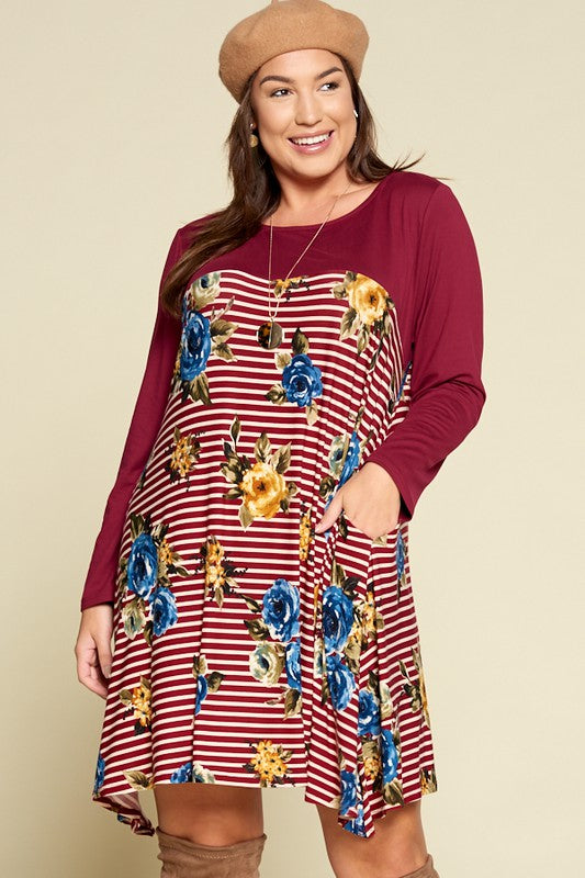 Plus Size Floral Striped Fishtail Hem Dress