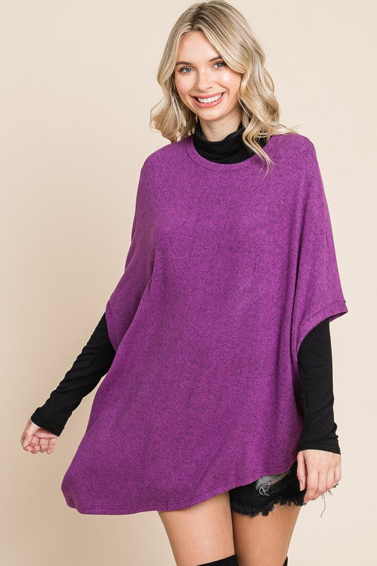 Two Tone Soft Hacci Brush Asymmetrical Pullover Magenta Colour