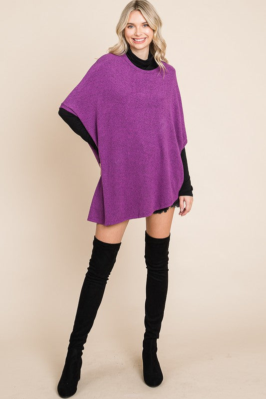 Two Tone Soft Hacci Brush Asymmetrical Pullover Magenta Colour