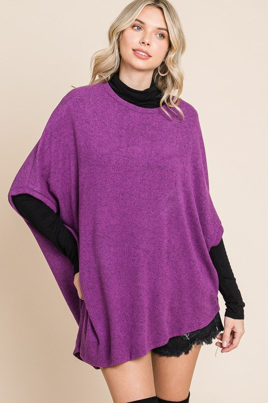 Two Tone Soft Hacci Brush Asymmetrical Pullover Magenta Colour