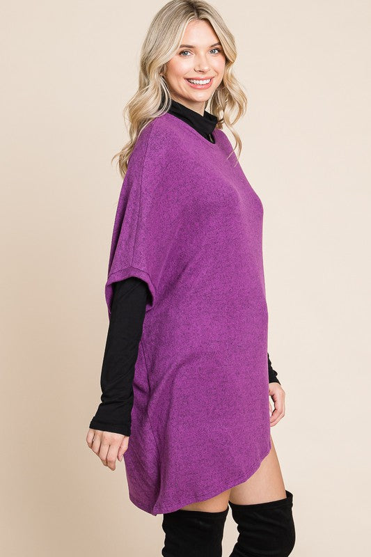 Two Tone Soft Hacci Brush Asymmetrical Pullover Magenta Colour