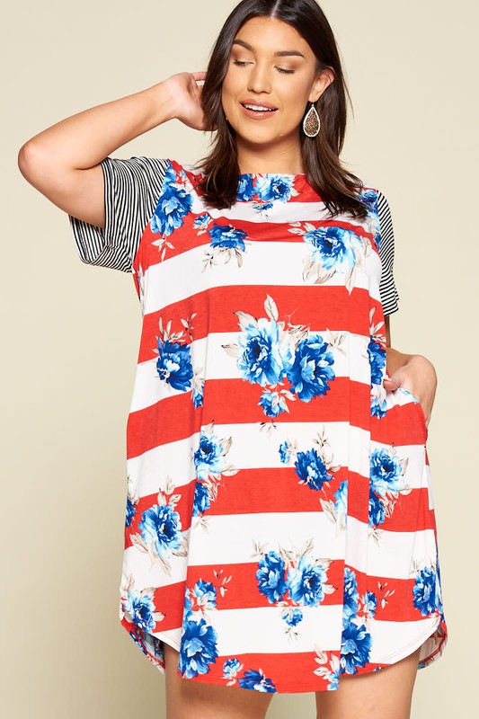 Plus Size Floral Striped Swing Dress