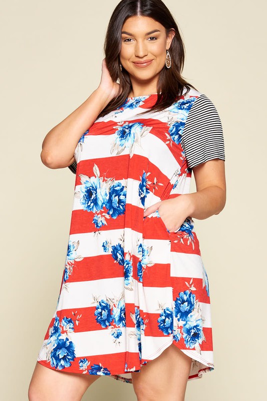 Plus Size Floral Striped Swing Dress