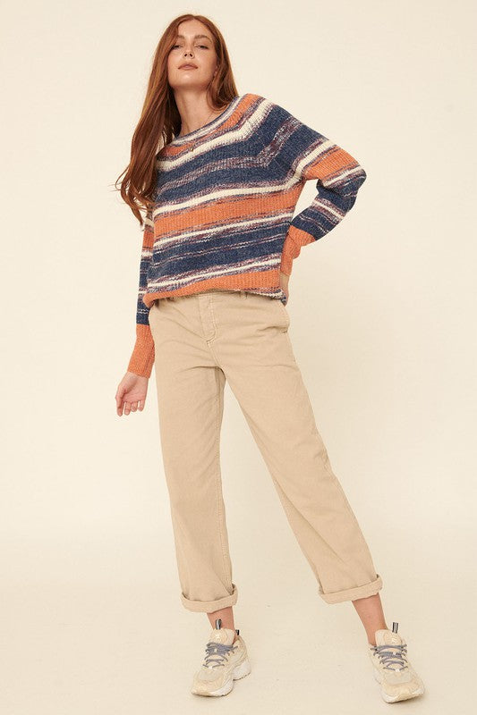 Multicolor Striped Knit Loose-Fit Raglan Sweater