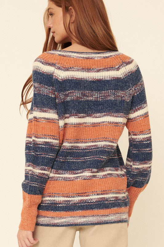 Multicolor Striped Knit Loose-Fit Raglan Sweater