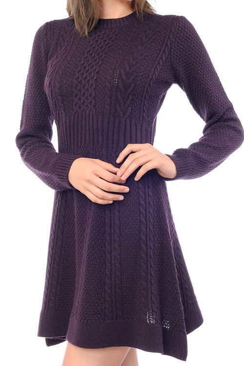 Cable Knit Round Neck Long Sleeves Flare Dress