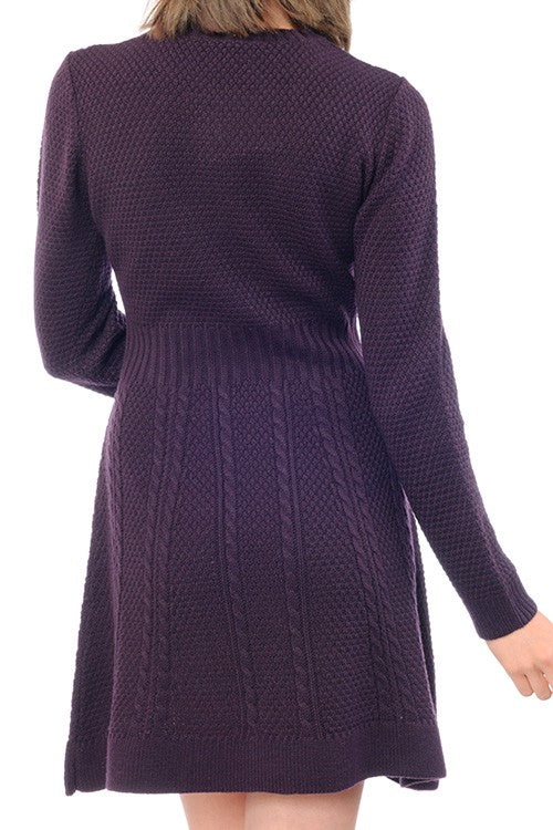 Cable Knit Round Neck Long Sleeves Flare Dress