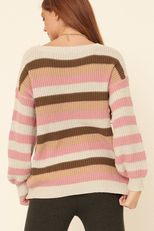 Multicolor Stripe Long-Sleeve V-Neck Sweater