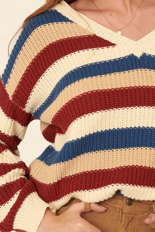 Multicolor Stripe Long-Sleeve V-Neck Sweater