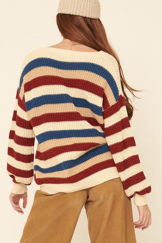 Multicolor Stripe Long-Sleeve V-Neck Sweater