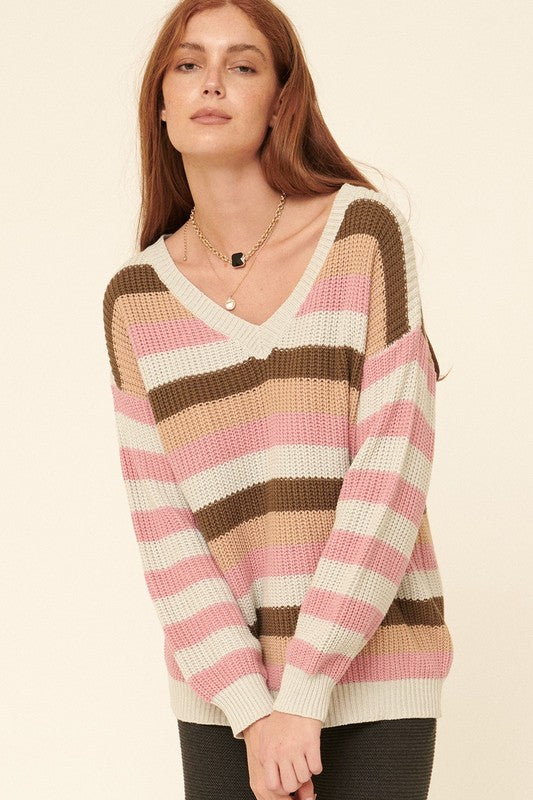 Multicolor Stripe Long-Sleeve V-Neck Sweater