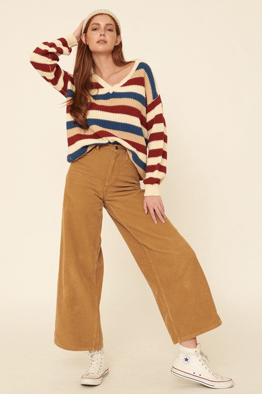 Multicolor Stripe Long-Sleeve V-Neck Sweater