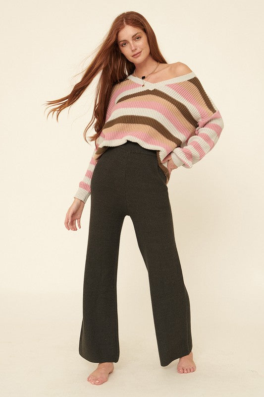 Multicolor Stripe Long-Sleeve V-Neck Sweater