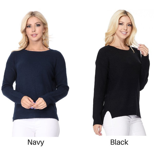 Crew-neck Knit Pullover Sweater with Side Slit Black colour