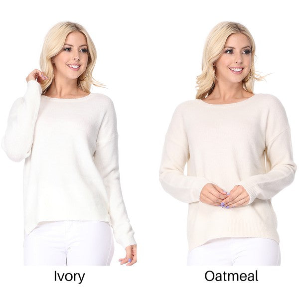 Crew-neck Knit Pullover Sweater with Side Slit ivory colour